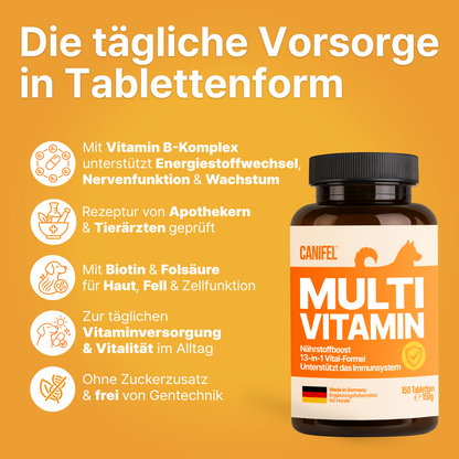 CANIFEL Vitamine für Hunde, mit Vitamin B Komplex, Biotin Hunde hochdosiert, Vitamin C, E & Folsäure, Bierhefe Tabletten für Hund, Apotheker Rezeptur, Made in Germany, 150 Stück