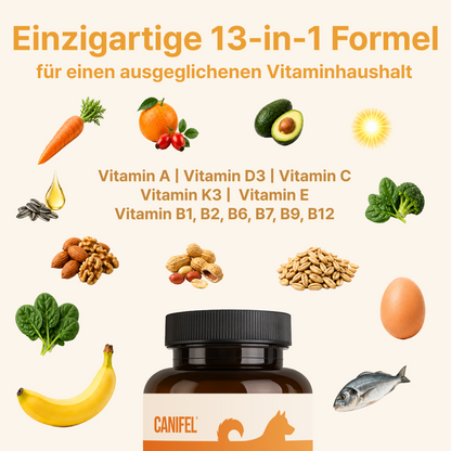CANIFEL Vitamine für Hunde, mit Vitamin B Komplex, Biotin Hunde hochdosiert, Vitamin C, E & Folsäure, Bierhefe Tabletten für Hund, Apotheker Rezeptur, Made in Germany, 150 Stück