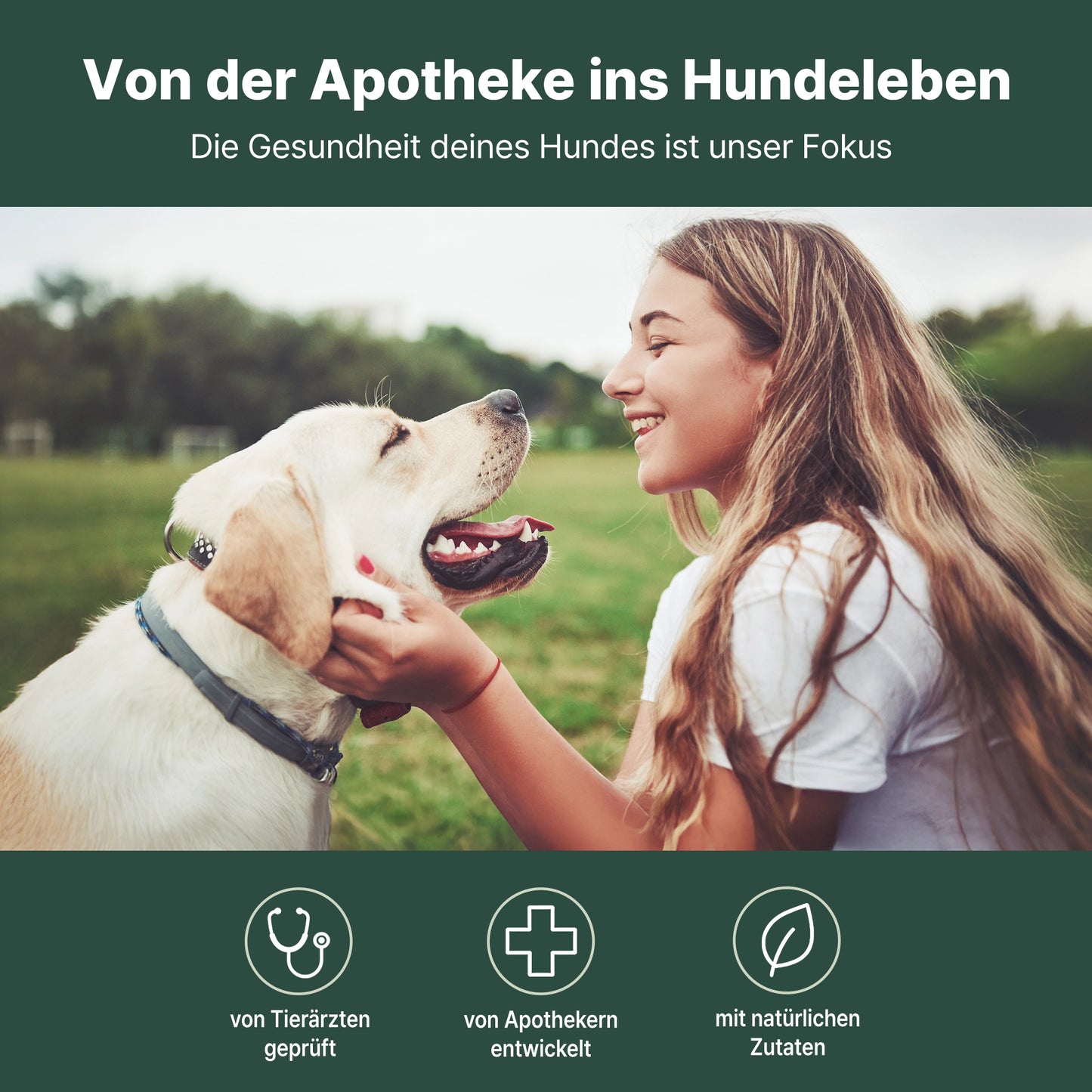 Junge Frau streichelt einen Hund im Freien, darüber der Hinweis auf tierärztlich geprüfte, apothekerentwickelte Hundenahrung mit natürlichen Zutaten von CANIFEL.