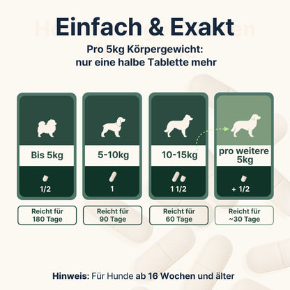 Grafische Dosierungstabelle für CANIFEL Gelenktabletten nach Hundegewicht mit Angaben zur täglichen Tablettenmenge und Reichweite pro Packung. Je 5kg Gewicht eine halbe Tablette.